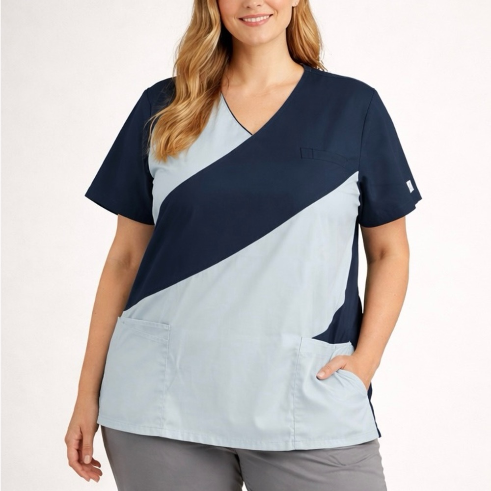 Butter-Soft Stretch Women's Scrub Top XL Blue Colorblock V-Neck